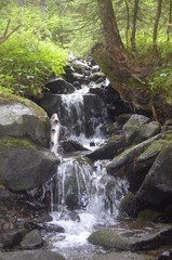 small waterfall and stones in the mountain park