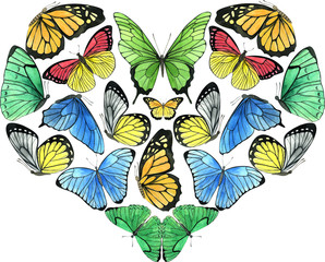 Fototapeta na wymiar Watercolor spring composition with colored butterflies. Perfect for card making and wedding invitations