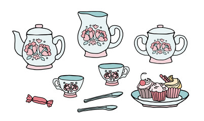Cute doodle tea time set. Hand drawn design elements.