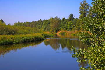 Fototapeta na wymiar A winding shallow river on a clear summer day.
