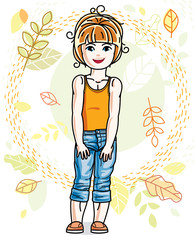 Sweet little redhead girl standing on background of autumn landscape and wearing stylish casual clothes. Vector kid illustration.