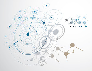 Obraz premium Mechanical scheme, vector engineering drawing with circles and geometric parts of mechanism. Technical plan can be used in web design and as wallpaper or background.