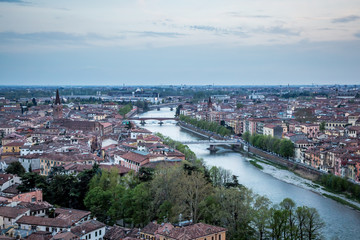 View of the evening Verona from the observation deck at the Castle of St. Peter. Verona, Veneto, Italy