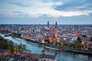 Obraz premium View of the evening Verona from the observation deck at the Castle of St. Peter. Verona, Veneto, Italy