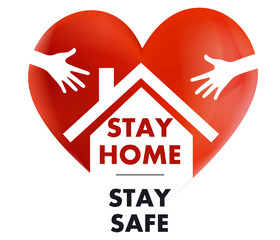 Stay home, with heart and house inside. Coronavirus, COVID 19 protection logo.