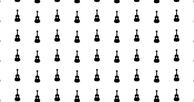 Acoustic guitar icons background video clip motion backdrop video in a seamless repeating loop. Black and white musical instrument acoustic guitar icons pattern white background high definition video
