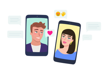 Long distance relationship and communication. Couple talking trough video call and messages on smartphone. Online dating app. Conversation of people via mobile phones. Flat style vector.