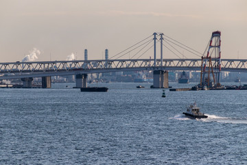 朝の横浜ベイブリッジ（撮影場所：横浜大さん橋）