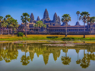 Siem Reap, Cambodia, December 29, 2019: Angkor Wat temple reflect