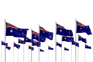 cute many Australia flags in a row isolated on white with free place for content - any holiday flag 3d illustration..