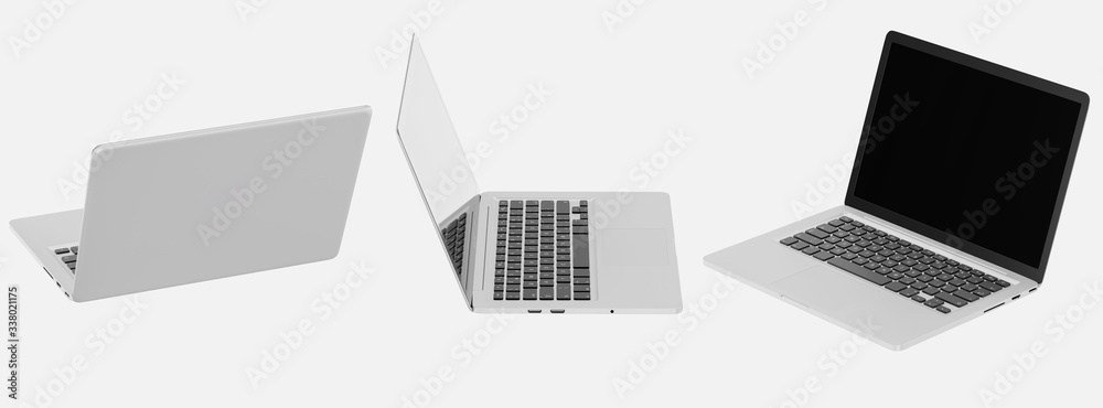 Poster modern computer laptop open white screen isolated with clipping mask on white background for present