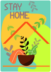 vector ilustration stay home poster with flowers