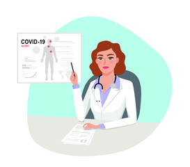 Coronavirus (COVID-19) outbreak and facts analysis. Female Doctor epidemiologist struggling to contain the spread. Infographics data. 