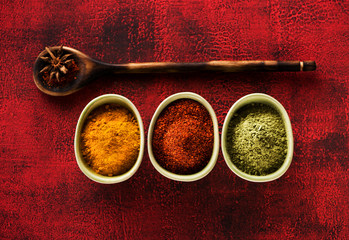 Seasoning spices ground turmeric, chili and coriander in bowls, top view