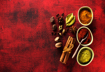 Indian spices seasoning spicy in bowls on a red background, top view.