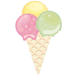 Waffle cone with three ice cream balls. Strawberry ice cream, pistachio ice cream, lemon ice cream. Vector illustration. Isolated object on a white background.
