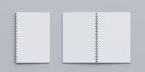 Open and closed blank note book on white desk copy space empty blank to add your content 3d render illustration