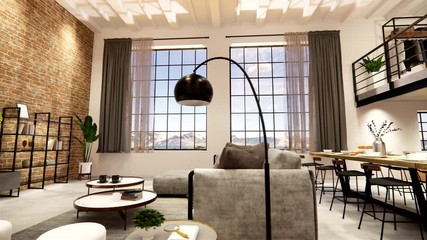 3d rendering. Interior house modern open living space with kitchen.Loft style Duplex apartment residence.Home decoration luxury  interior design.