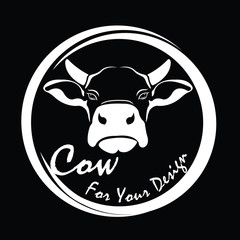 Vector of picture cow head design,Shop sign design ,logo design,Farm Animals,Black and white picture,Line animal,on the black background.