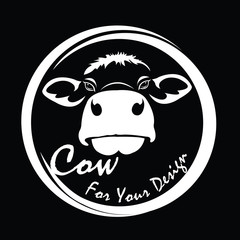 Vector of picture cow head design,Shop sign design ,logo design,Farm Animals,Black and white picture,Line animal,on the black background.