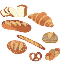 Bread. Artisan Bread. Illustration of Set of Breads.  Hand drawn sketch style of bread and bakery product. Set of fresh bread. Bakery hand drawn collection.  Hand drawn illustration isolated on white.