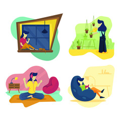 Quarantine, stay at home concept series woman sitting at their home, room or apartment, listen music, Watering the plants, relaxing on sofa read book use for illustration, information, and other