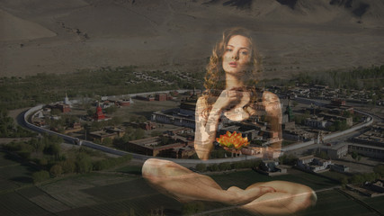 girl in a meditation pose on a background of natural landscapes