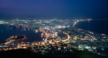 函館山から街を眺める