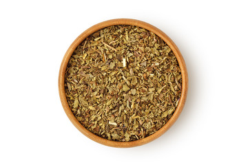 Dried oregano in wooden bowl on white background