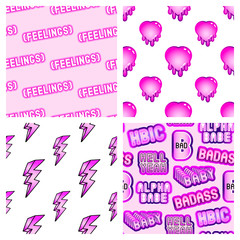 Set of 4 seamless patterns in pink pastel goth style. Vector backgrounds. Cute girly wallpapers.	