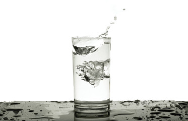 clear water in a glass on a white background.