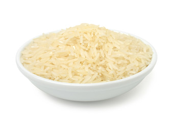Uncooked dry rice (Milled rice,White rice) in the bowl isolated on white background,Healthy food.