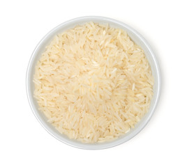 Milled rice(White rice) in the bowl isolated on white background,Healthy food,top view.