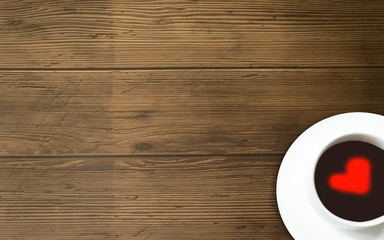 Valentine coffee, red heart on the wooden floor