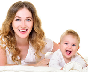 Mother and baby playing and smiling. Happy family.