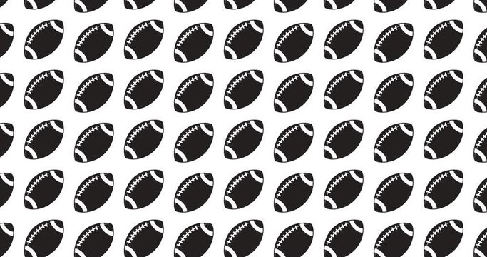 Moving football icons background clip motion backdrop video in a seamless repeating loop.  American football themed sports balls pattern background motion video clip.