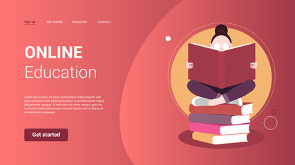 Online Education Landing Page for website. Flat design style web banner template with books and reading girl. Illustration with character for online courses.
