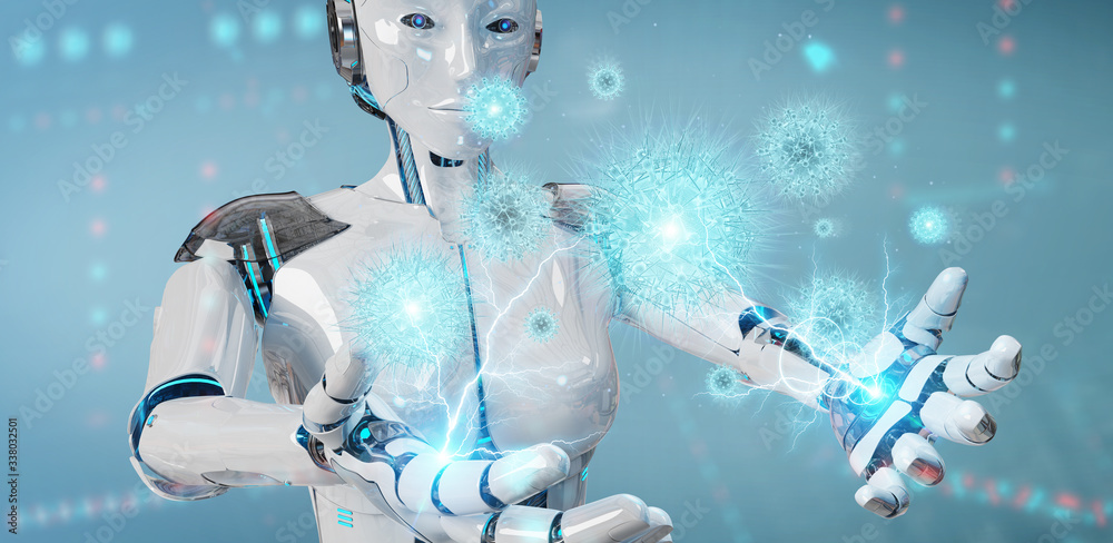 Poster Robot analyzing bacteria with digital holographic projection close-up 3D rendering