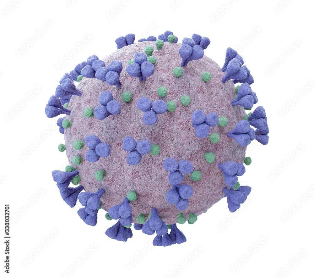 Poster 3D rendering of the coronavirus on a microscopic level isolated on white background. Microscope close-up of the covid-19 disease. 2019-nCoV virus