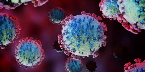 Fototapeta na wymiar Microscopic close-up of the covid-19 disease. Coronavirus illness spreading in body cell. 2019-nCoV analysis on microscope level 3D rendering