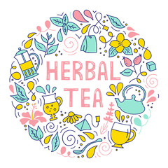 Herbal tea. Round colorful hand-drawn poster with lettering. Vector frame for menu design, packaging, signage and advertising. Composition with abstract doodle elements.
