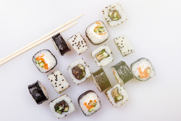 Set of sushi rolls on a white background.