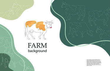 Horizontal agricultural background. Cows are drawn in one line.