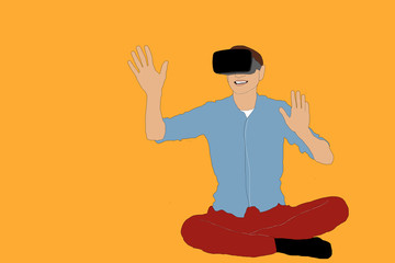 man in virtual glasses sits on the floor