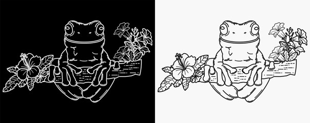 illustration of a frog sitting on a piece of wood, monoline design