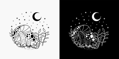 illustration of mushrooms with a view of the moon and stars, merging of mushroom and moon tattoos, monoline design	