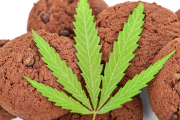 Cooking Cannabis CBD Cannabidiol with Hemp Herb. Cookies with cannabis leaf macro. Medical marijuana for use in food. Medicinal Edibles. Full Legalization in Uruguay and Canada