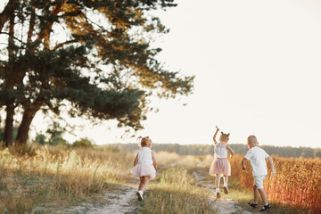 three children playing in the field in summer. young children playing outdoors smiling. happy family. carefree childhood