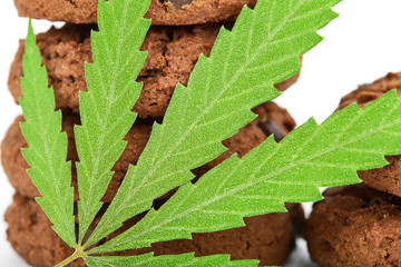 Chocolate cannabis butter cookies with marijuana and hemp, healthy cookies on white isolated background. Cannabis CBD Cannabidiol with Hemp. Medical marijuana for use in food