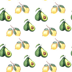 watercolor illustration seamless pattern of lemon and avocado on a white background